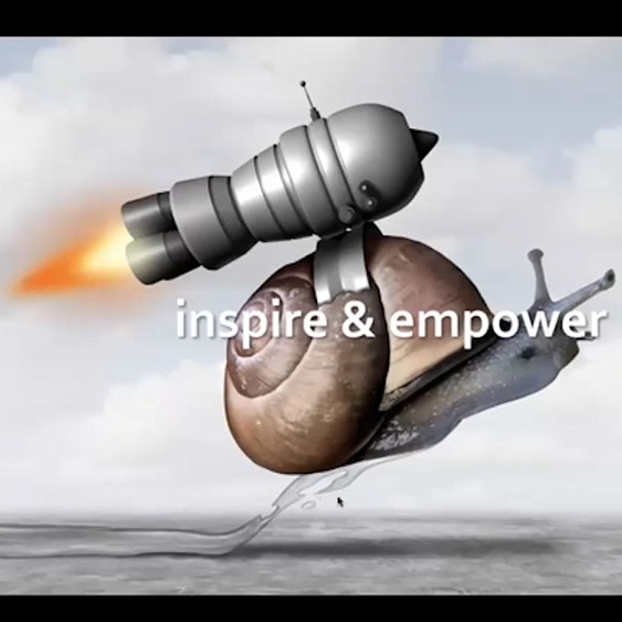 Snail with a Rocket Launcher on its back - White Letters Spell Out: inspire & empower