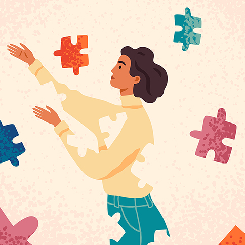 Woman Assembling Herself With Puzzle Pieces - Cartoon Character