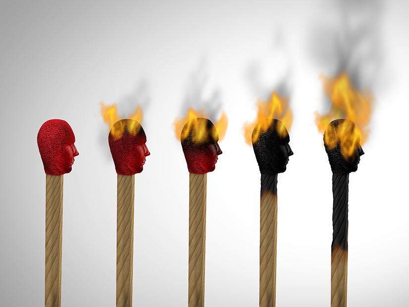 Set against a white background are five matches, with red human heads in the center of the picture. From left to right, they progressively burn. The first match has a red top face with brown wood, and the last match is completely burned black.