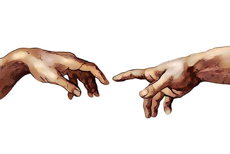 Illustration of Two arms and hands reaching from opposite sides with fingers almost touching